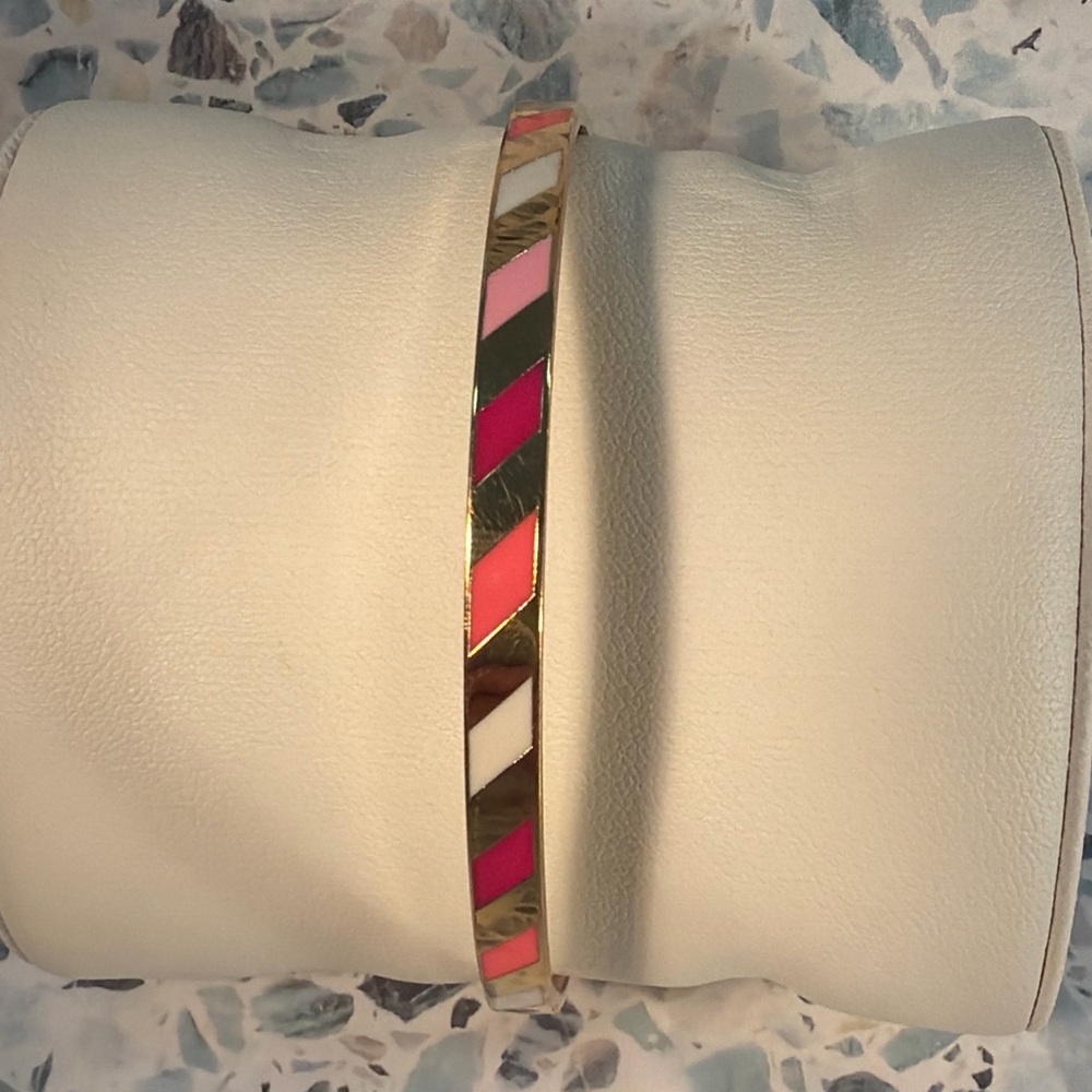 Kate Spade Multicolor Enamel Striped Bangle Bracelet Gold Tone Pink White - Picture 2 of 4